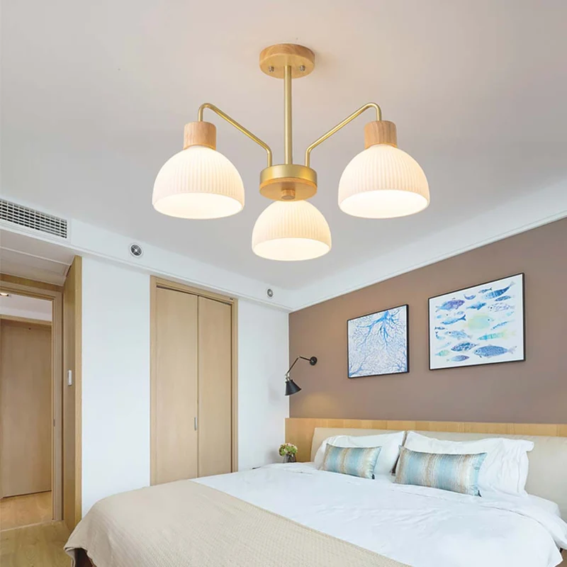 Semi Flush Mount Ceiling Light Chandelier Modern for Living Room, Wood & Glass
