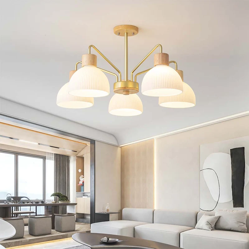 Semi Flush Mount Ceiling Light Chandelier Modern for Living Room, Wood & Glass