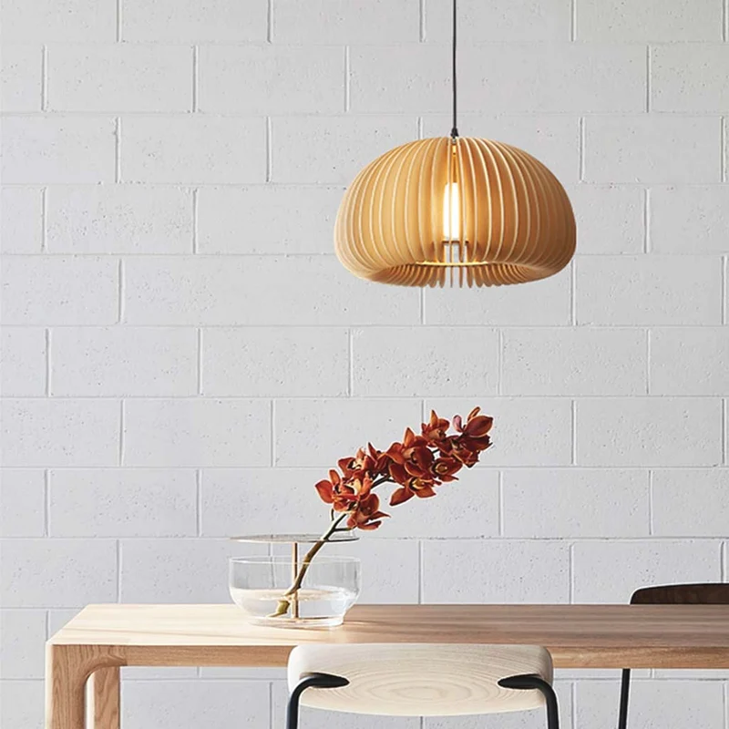 Pendant Light Modern Scandinavian Japanese Pumpkin Shape for Dining Room, Wood