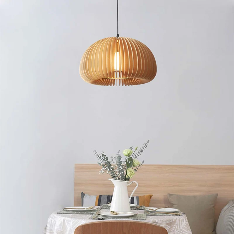 Pendant Light Modern Scandinavian Japanese Pumpkin Shape for Dining Room, Wood