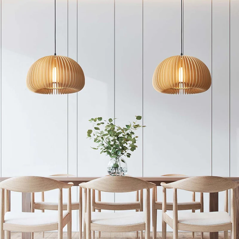 Pendant Light Modern Scandinavian Japanese Pumpkin Shape for Dining Room, Wood