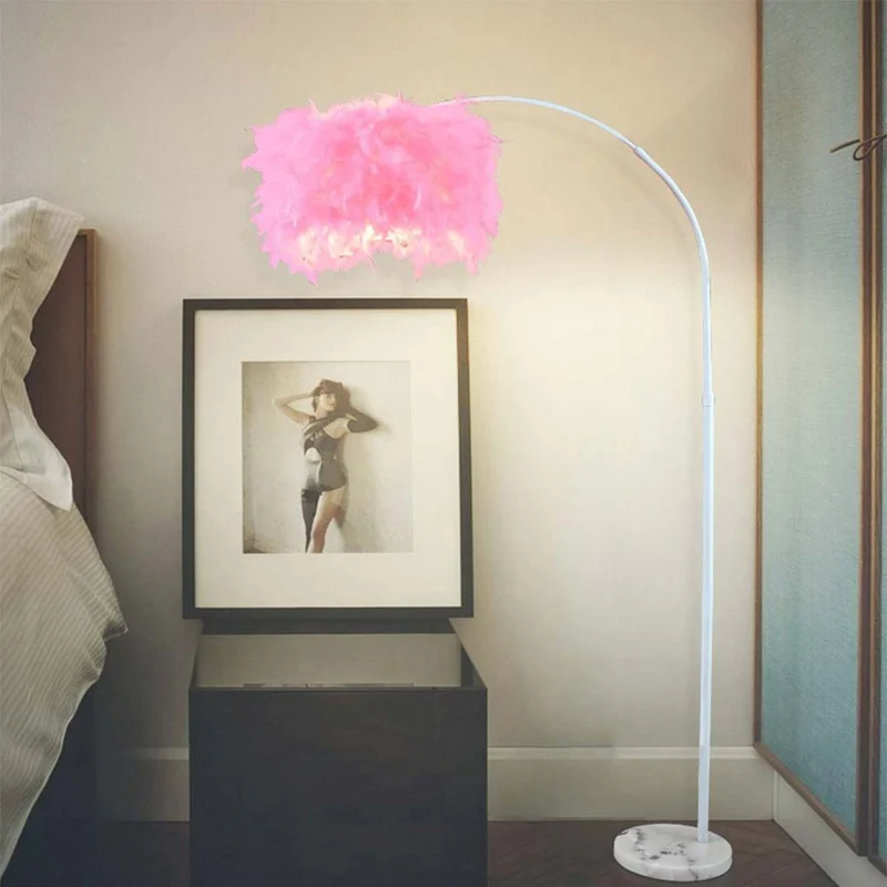 Feather Floor Lamp Fluffy Fairy Arched Fishing Pole, White/Pink