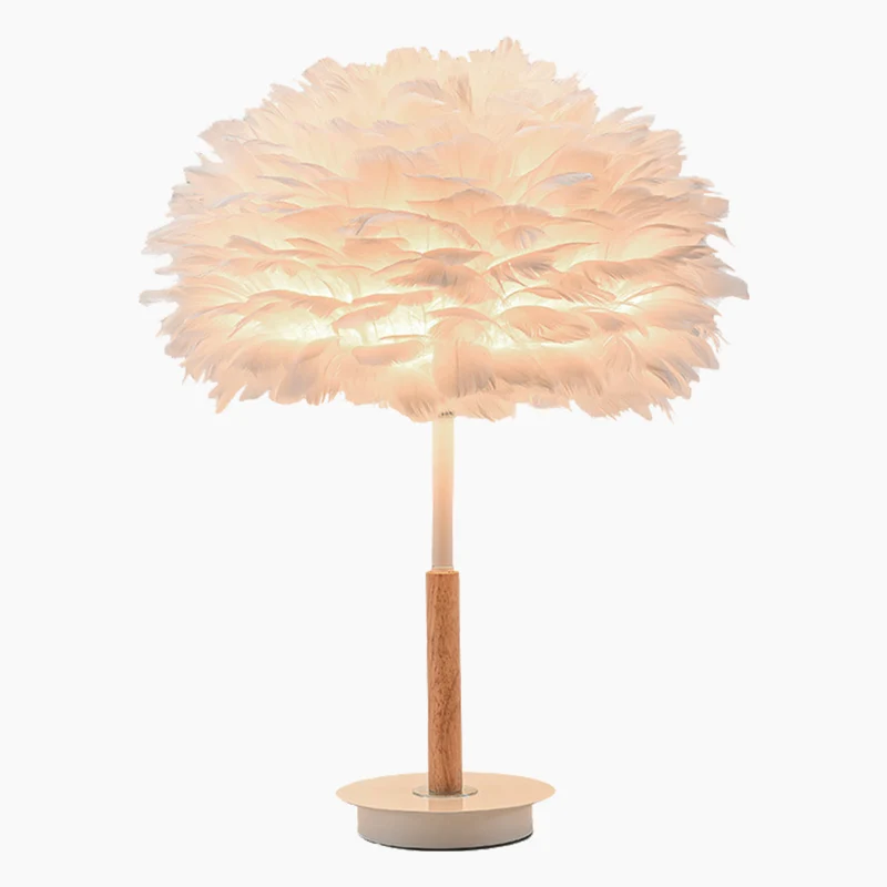 Feather Bedside Table Lamp Minimalist Bloom with Wood & Metal Body, White