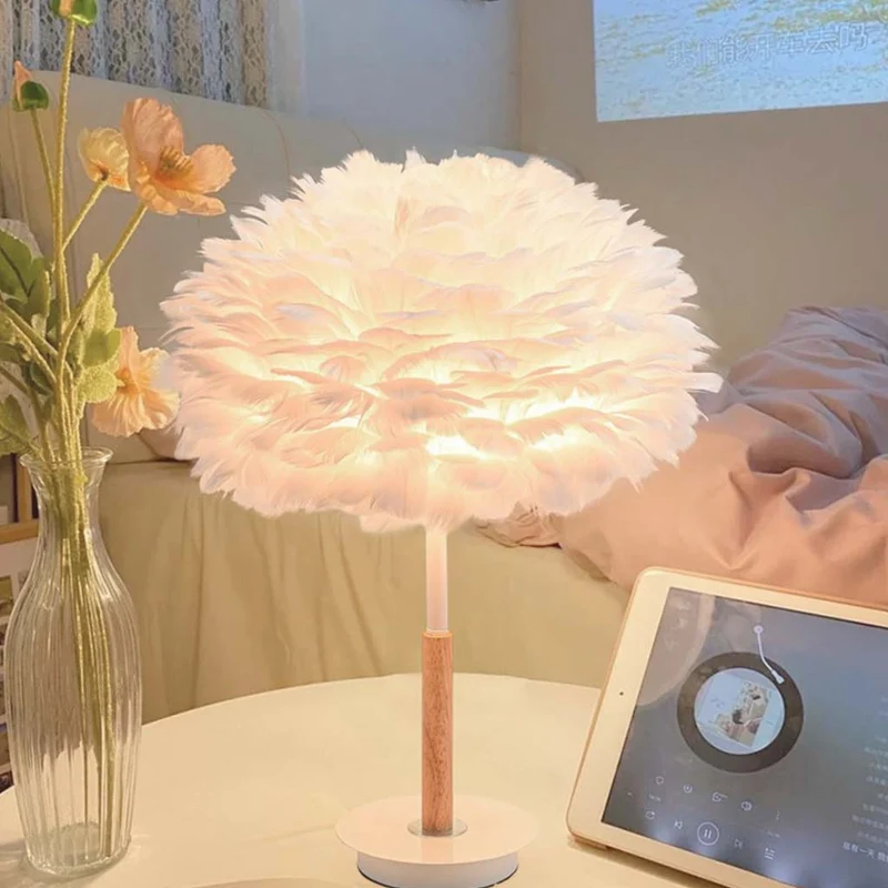 Feather Bedside Table Lamp Minimalist Bloom with Wood & Metal Body, White