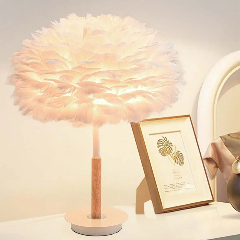 Feather Bedside Table Lamp Minimalist Bloom with Wood & Metal Body, White