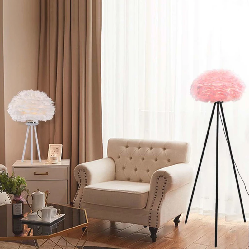 Tripod Floor & Table Lamp Set with Goose Feather Shades, White/Pink