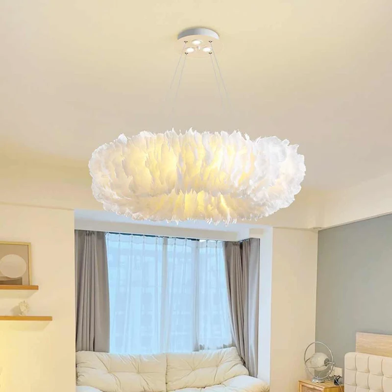 Feather Pendant Ceiling Light Unique Ring Fluffy, Pink / White
