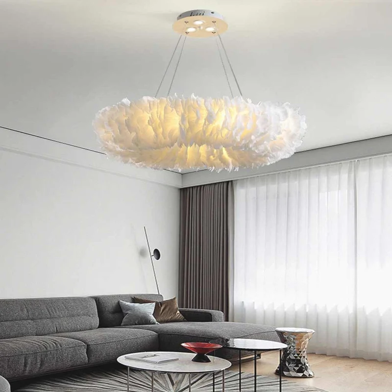 Feather Pendant Ceiling Light Unique Ring Fluffy, Pink / White
