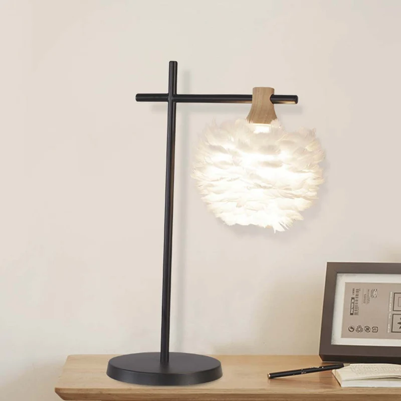Feather Table/Desk Lamp White Shade Black Base, Nordic Style