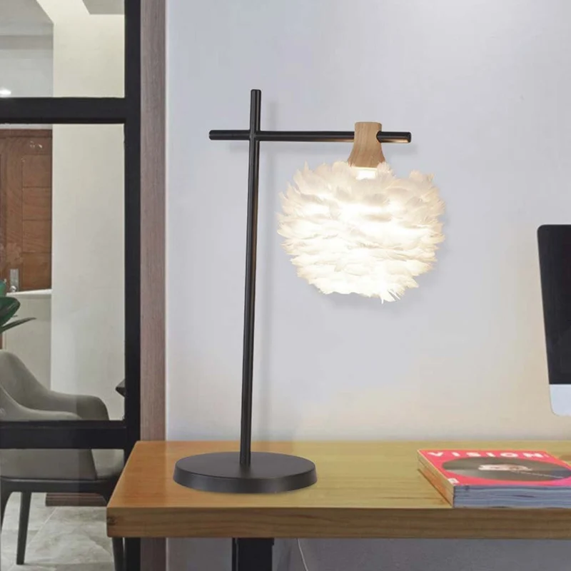 Feather Table/Desk Lamp White Shade Black Base, Nordic Style