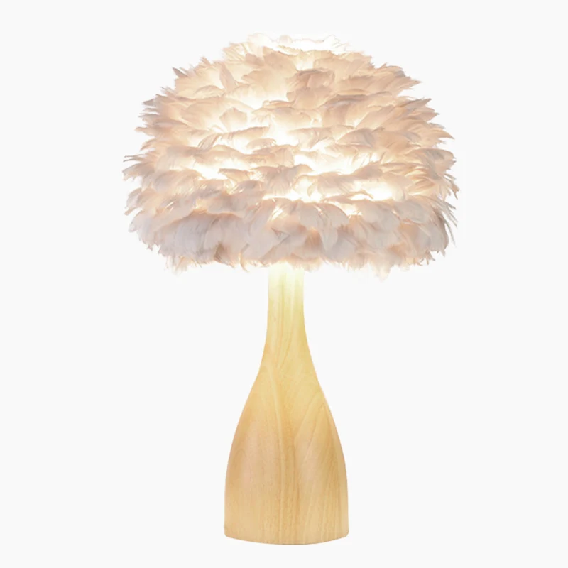 Feather Table Lamp Wood Modern for Reading, White