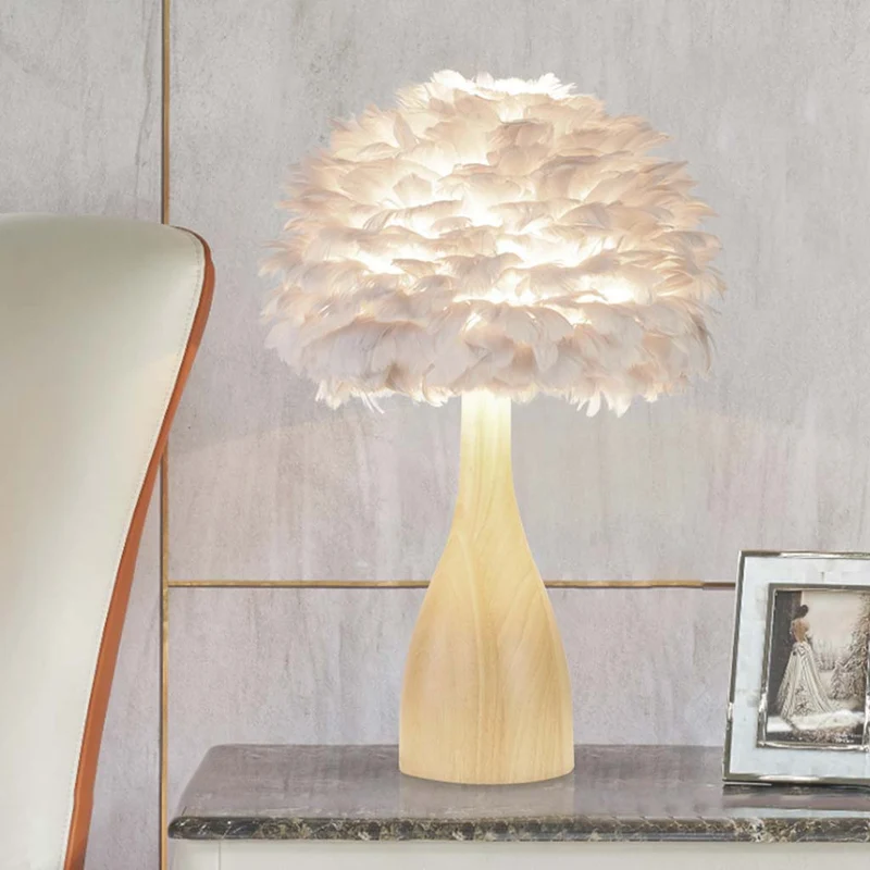 Feather Table Lamp Wood Modern for Reading, White