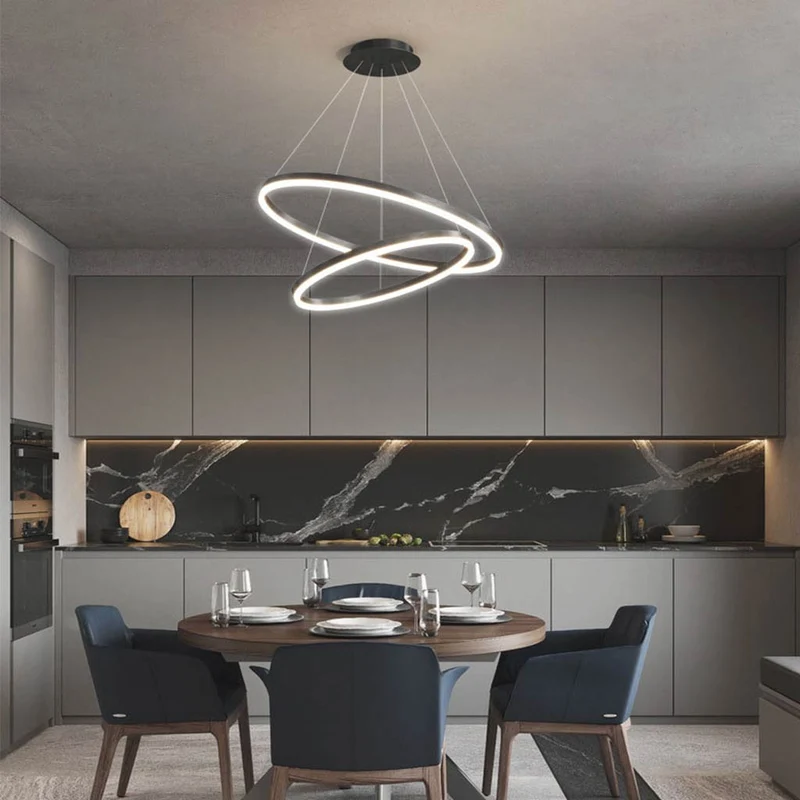 Chandelier LED Minimalist Black Hanging Loop Ring, Aluminum