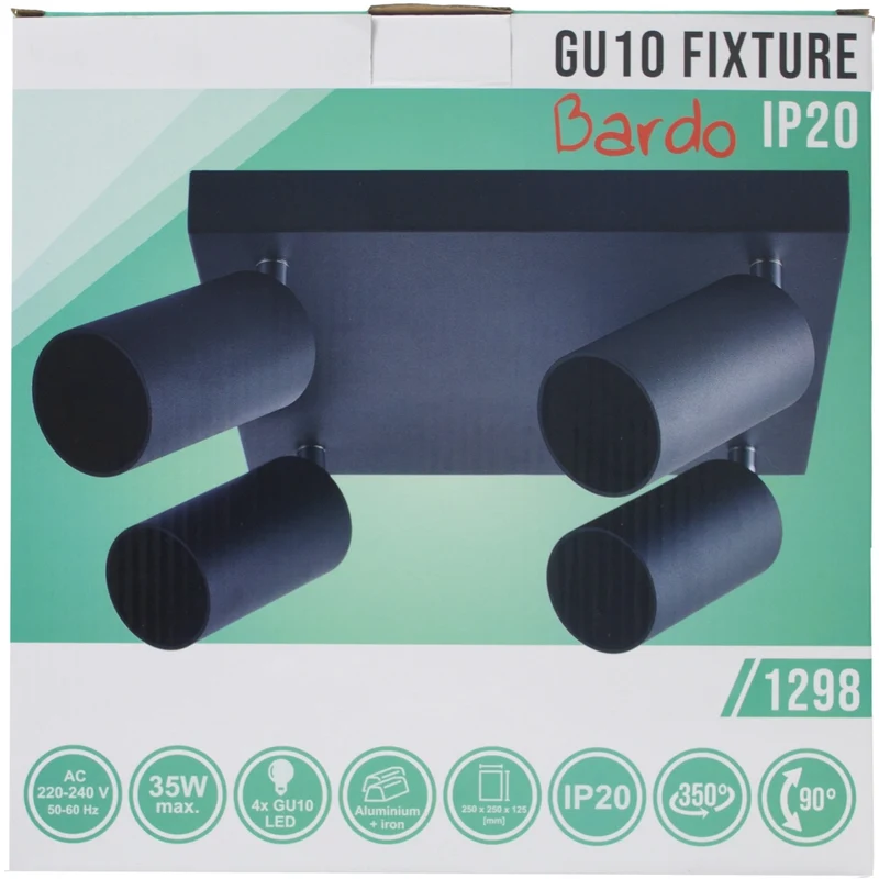 Moderner Deckenspot quadratisch | Bau | schwarz | 4 x GU10-Fassung