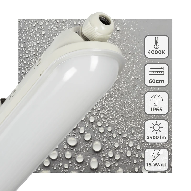 LED Feuchtraumleuchte mit Strip 60cm 15W 2400lm 4000K neutralweiß IP65 Grau - LED's Light Pro