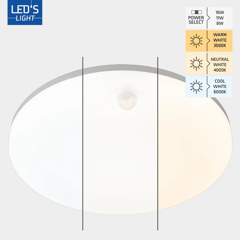 LED Deckenleuchte mit Sensor 16W 2880lm 3000/4000/6000K IP54 Weiß - LED's Light