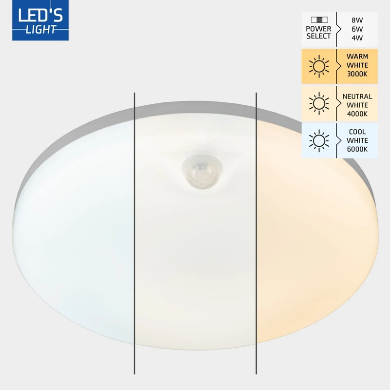 LED Deckenleuchte mit Sensor 8W 1440lm 3000/4000/6000K IP54 Weiß - LED's Light Pro