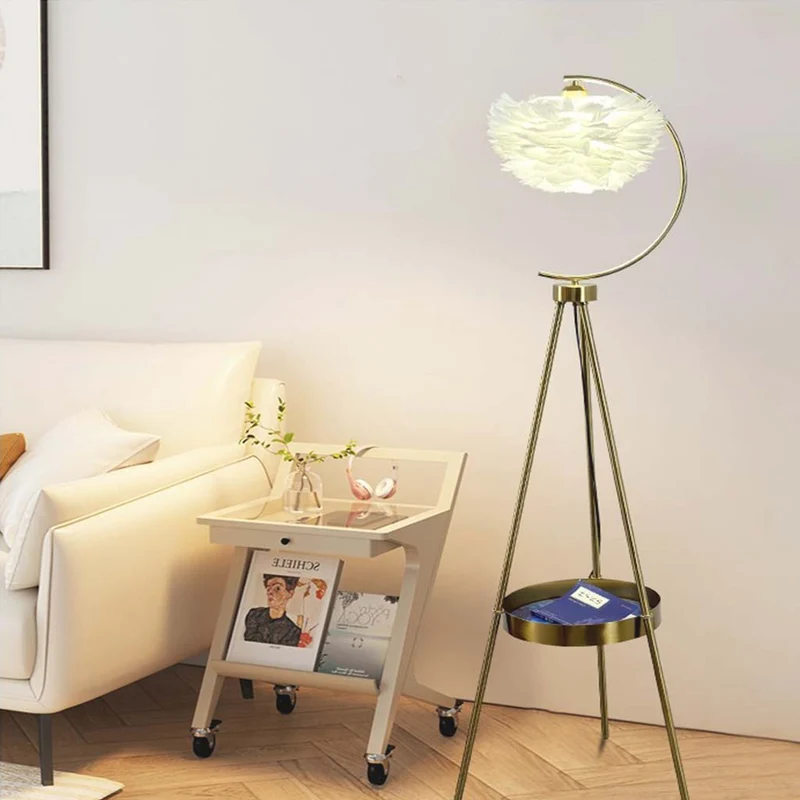 Floor Lamp Tripod Nordic Style with Tray & Feather Globe Shade