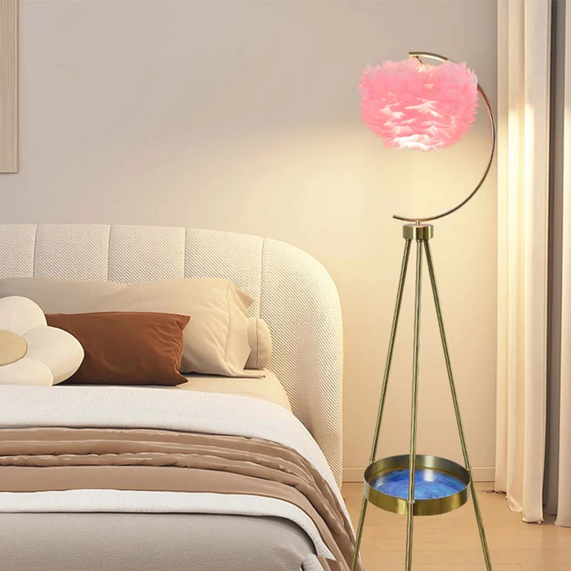 Floor Lamp Tripod Nordic Style with Tray & Feather Globe Shade