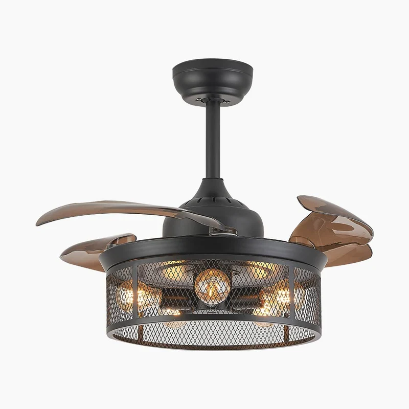 Ceiling Fan Light Caged Fandelier Retro with Retractable Blades, Coffee