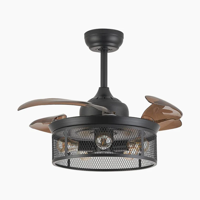 Ceiling Fan Light Caged Fandelier Retro with Retractable Blades, Coffee