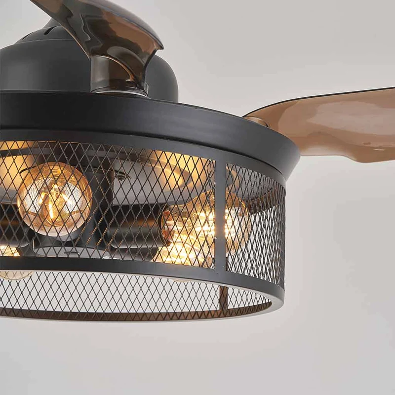 Ceiling Fan Light Caged Fandelier Retro with Retractable Blades, Coffee