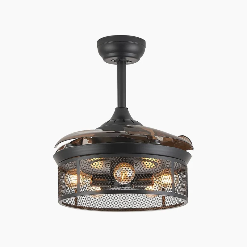 Ceiling Fan Light Caged Fandelier Retro with Retractable Blades, Coffee
