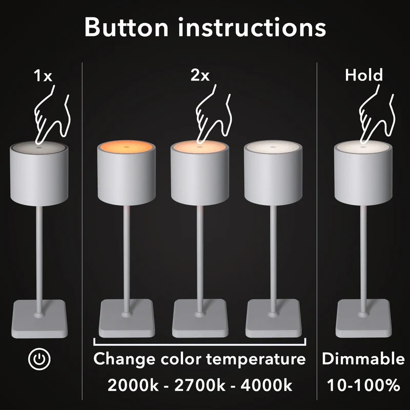 TouchDim wiederaufladbare LED-Tischleuchte – Dimmbar per Touch – Für drinnen und draußen – Grau