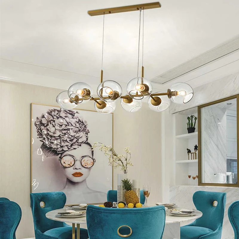 Pendant Chandelier Gold Iron Linear Glass Bubble, Nordic Style