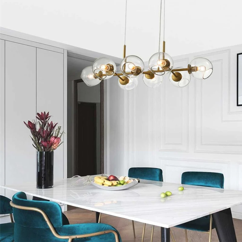Pendant Chandelier Gold Iron Linear Glass Bubble, Nordic Style