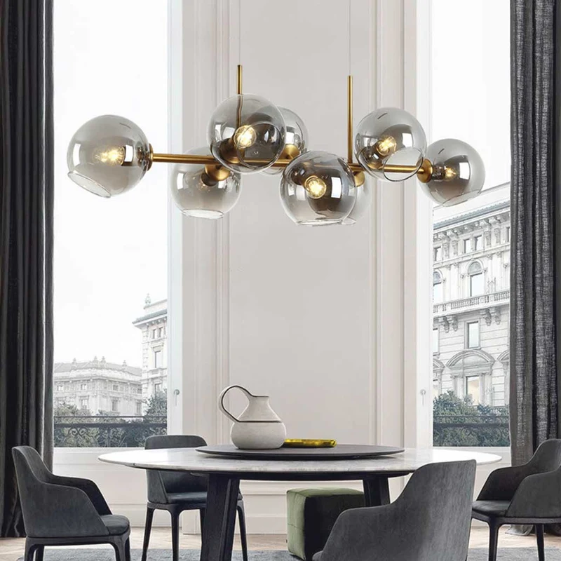 Pendant Chandelier Gold Iron Linear Glass Bubble, Nordic Style
