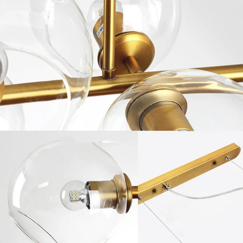 Pendant Chandelier Gold Iron Linear Glass Bubble, Nordic Style