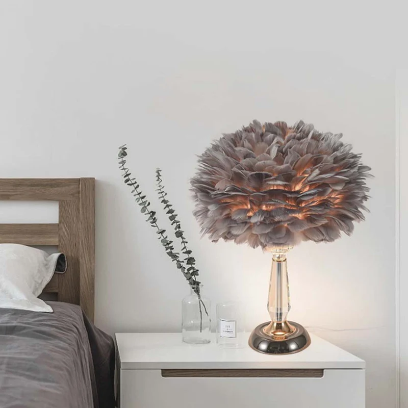 Table Desk Feather Lamp Crystal Center Pillar Grey for Bedside