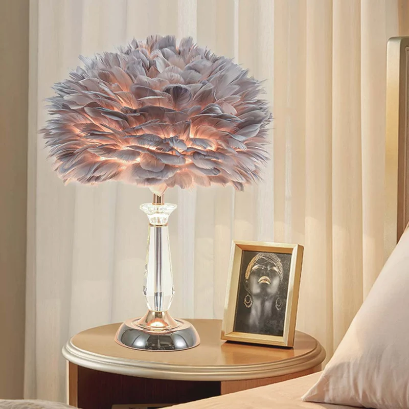 Table Desk Feather Lamp Crystal Center Pillar Grey for Bedside