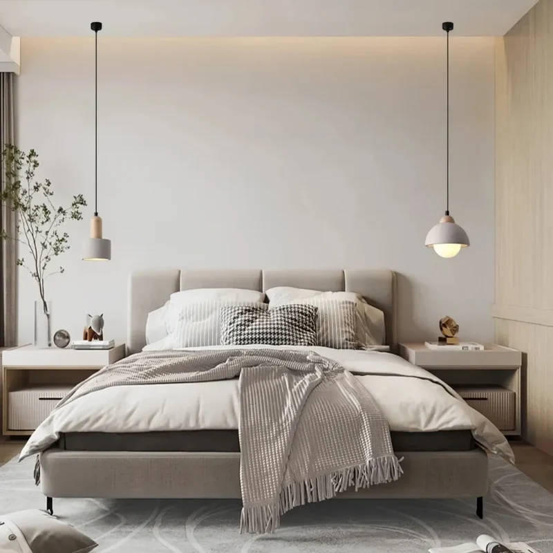Skandinavische Pendelleuchte in Sandstein-Optik für das Schlafzimmer