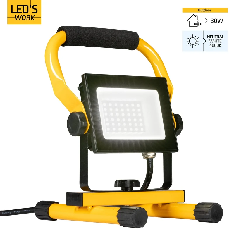 LED Arbeitsleuchte 30W 2.700 Lumen 4000K neutralweiß IP65 Baustrahler tragbar mit Ständer | Bauleuchte Werkstattleuchte Außenbeleuchtung robust spritzwassergeschützt - LED's Work
