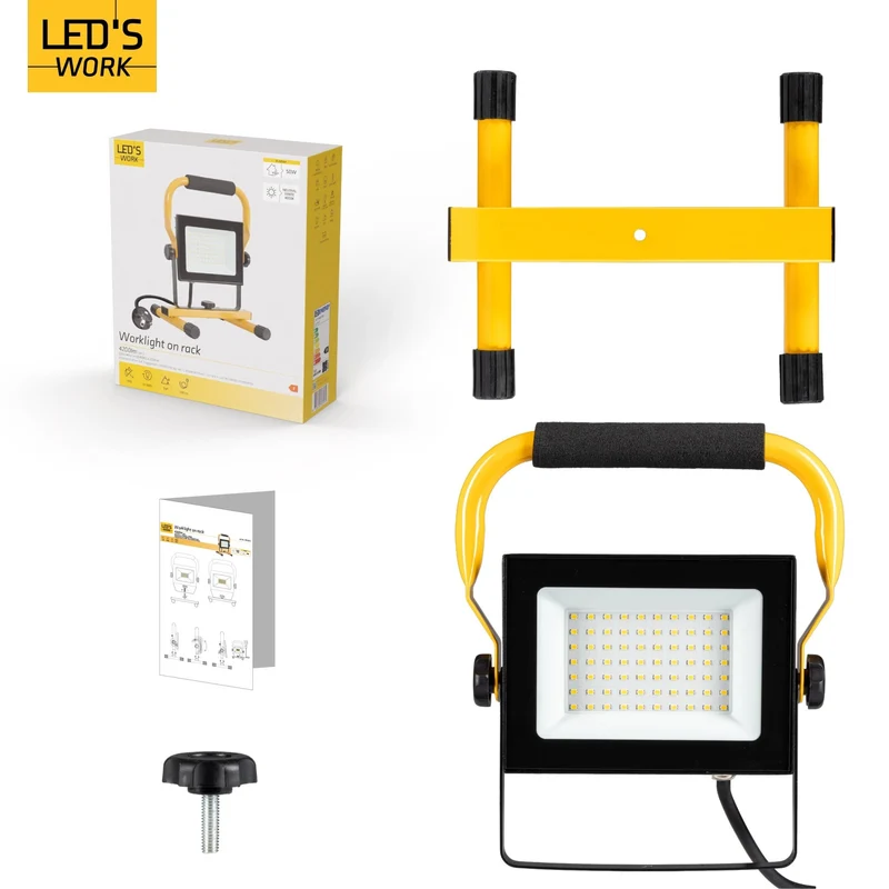 LED Arbeitsleuchte 50W 4.200 Lumen 4000K neutralweiß IP65 Baustrahler tragbar mit Ständer | Bauleuchte Werkstattleuchte Außenbeleuchtung robust spritzwassergeschützt - LED's Work