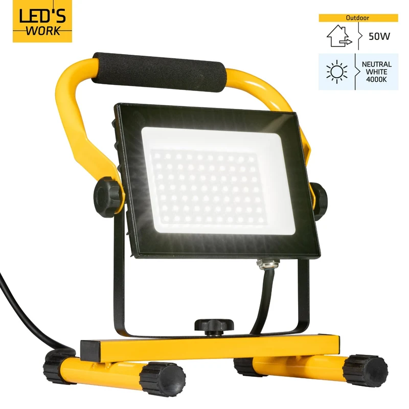 LED Arbeitsleuchte 50W 4.200 Lumen 4000K neutralweiß IP65 Baustrahler tragbar mit Ständer | Bauleuchte Werkstattleuchte Außenbeleuchtung robust spritzwassergeschützt - LED's Work