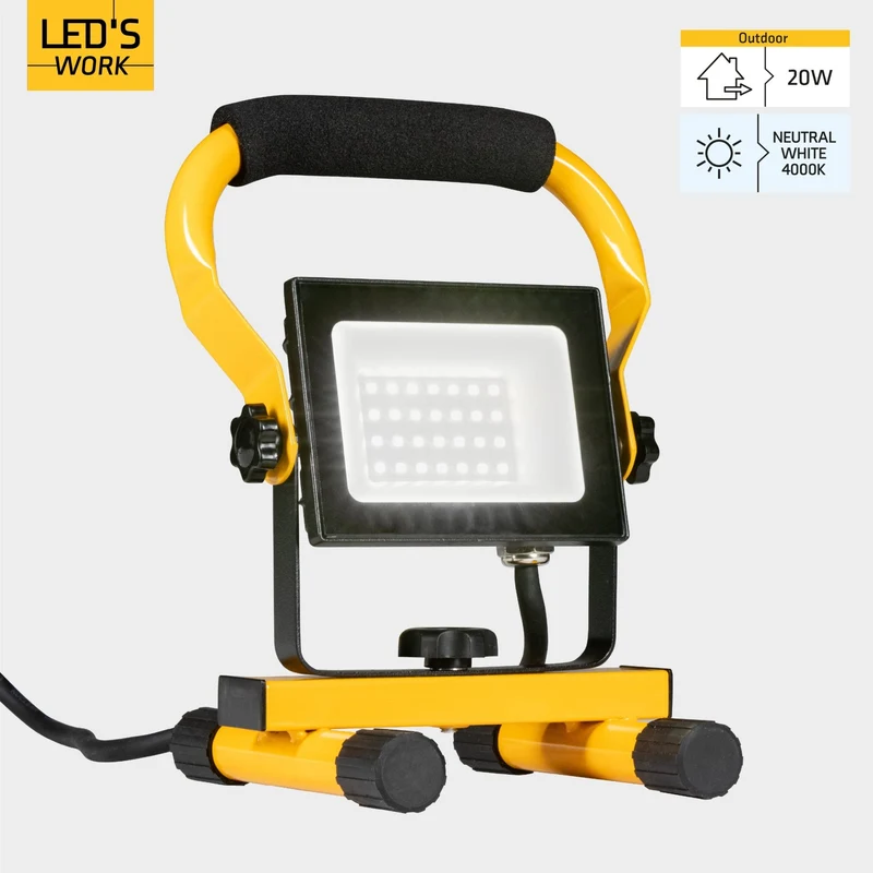 LED Arbeitsleuchte 20W 1800 Lumen 4000K neutralweiß IP65 Baustrahler tragbar mit Ständer | Bauleuchte Werkstattleuchte Handlampe Außenbeleuchtung Strahler robust spritzwassergeschützt - LED's Work