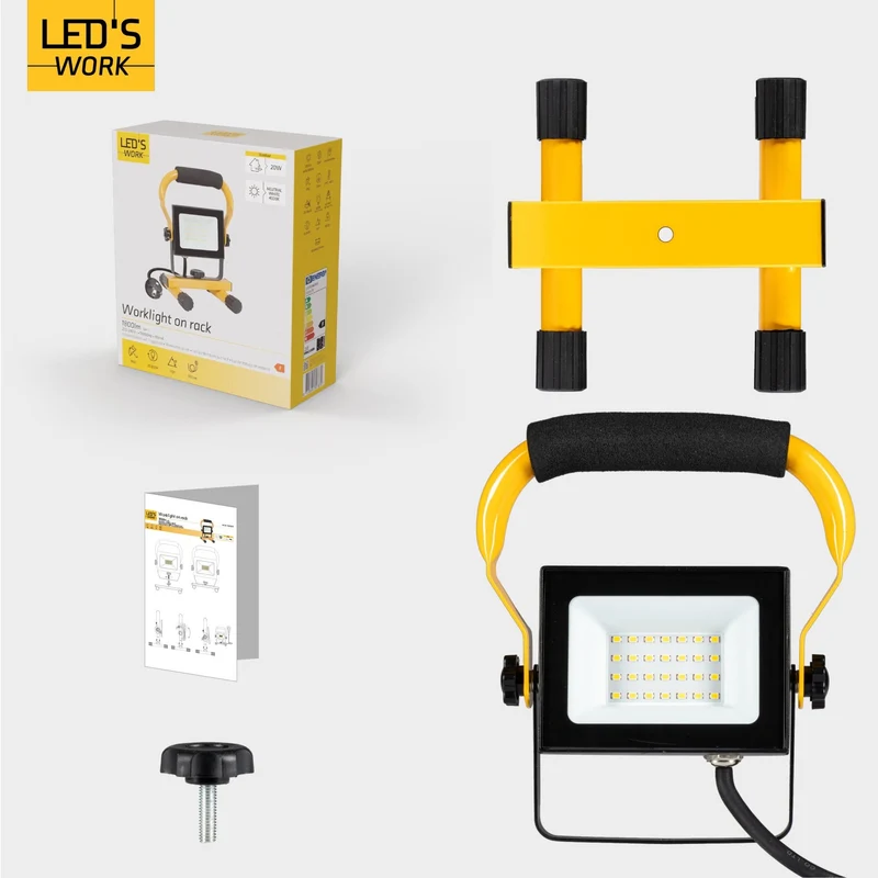 LED Arbeitsleuchte 20W 1800 Lumen 4000K neutralweiß IP65 Baustrahler tragbar mit Ständer | Bauleuchte Werkstattleuchte Handlampe Außenbeleuchtung Strahler robust spritzwassergeschützt - LED's Work