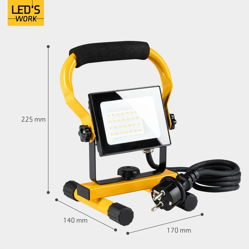 LED Arbeitsleuchte 20W 1800 Lumen 4000K neutralweiß IP65 Baustrahler tragbar mit Ständer | Bauleuchte Werkstattleuchte Handlampe Außenbeleuchtung Strahler robust spritzwassergeschützt - LED's Work