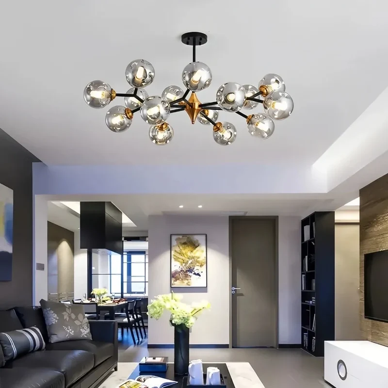 Moderner LED-Kronleuchter mit Glaskugeln für Wohnzimmer