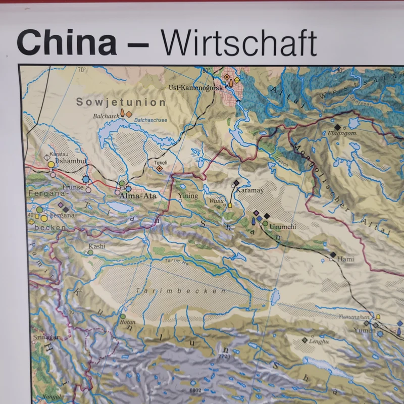 Vintage Schulwandkarte China Wirtschaft – Lehrtafel Rollbild Wanddeko