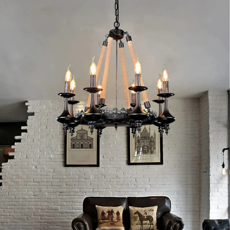 Vintage Landhaus Kronleuchter in Schwarz mit Kerzenoptik für Esszimmer