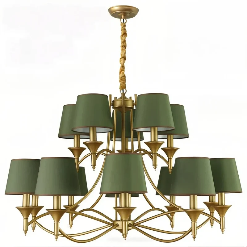 Vintage Kronleuchter mit Stoffschirmen, dimmbar, ideal für das Wohnzimmer