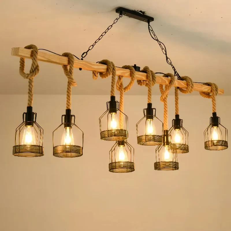 Rustikale Pendelleuchte aus Holz mit Seil für Esszimmer