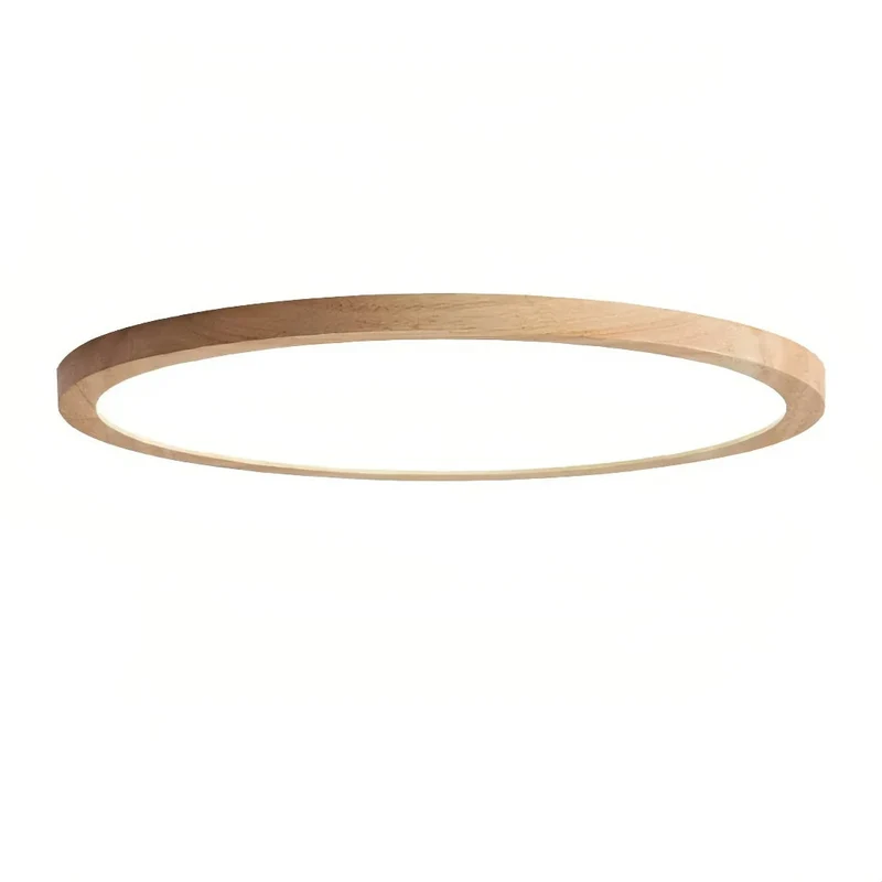 Runde LED Deckenlampe aus Holz im skandinavischen Stil, flach und dimmbar – ideal für Schlafzimmer