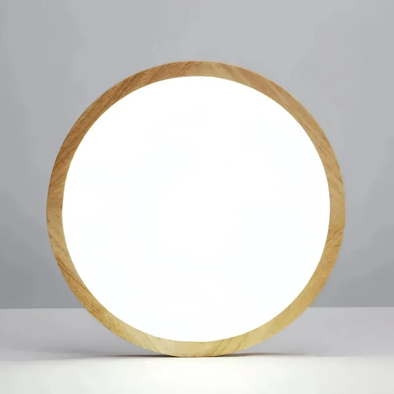 Runde LED Deckenlampe aus Holz im skandinavischen Stil, flach und dimmbar – ideal für Schlafzimmer