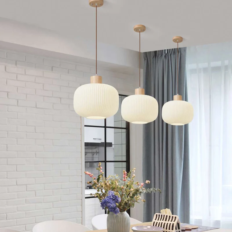 Pendant Hanging Light Japanese Elegant for Dining Room, Wood & Glass