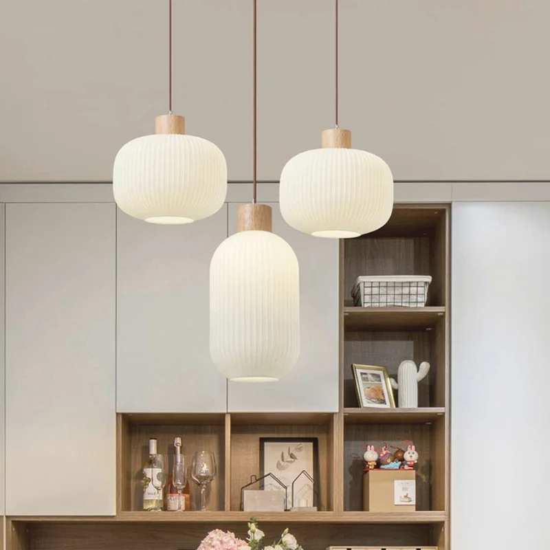 Pendant Hanging Light Japanese Elegant for Dining Room, Wood & Glass